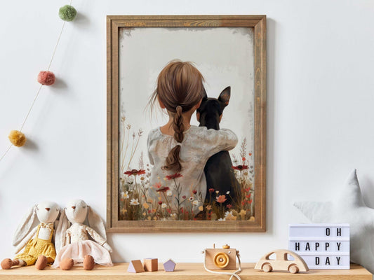 Mini Pinscher Nursery Decor, Brown & Black Miniature Pinscher Art, Dog and Girl Print, Pinscher Girl Room Decor,PRINTABLE Dog Nursery Art - My Store