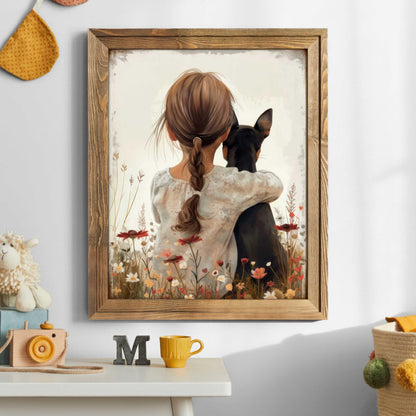 Mini Pinscher Nursery Decor, Brown & Black Miniature Pinscher Art, Dog and Girl Print, Pinscher Girl Room Decor,PRINTABLE Dog Nursery Art - My Store