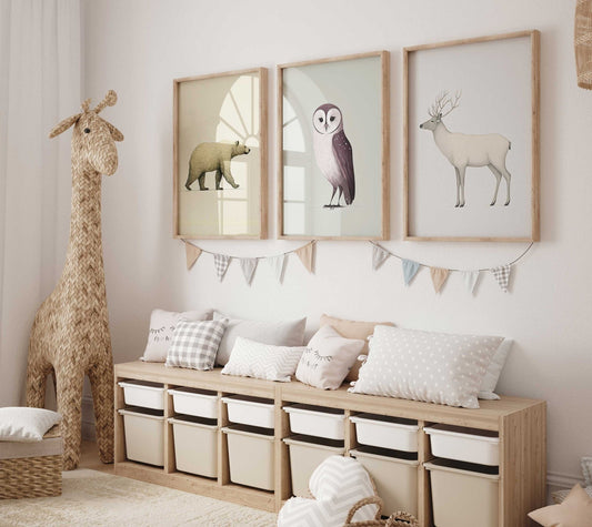 Minimalist Animal Nursery Art, Kids Room Forest Decor, Bear, Owl, Reindeer - WildfieldPrints