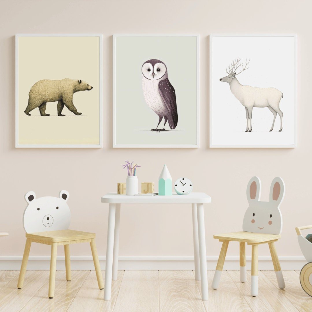 Minimalist Animal Nursery Art, Kids Room Forest Decor, Bear, Owl, Reindeer - WildfieldPrints