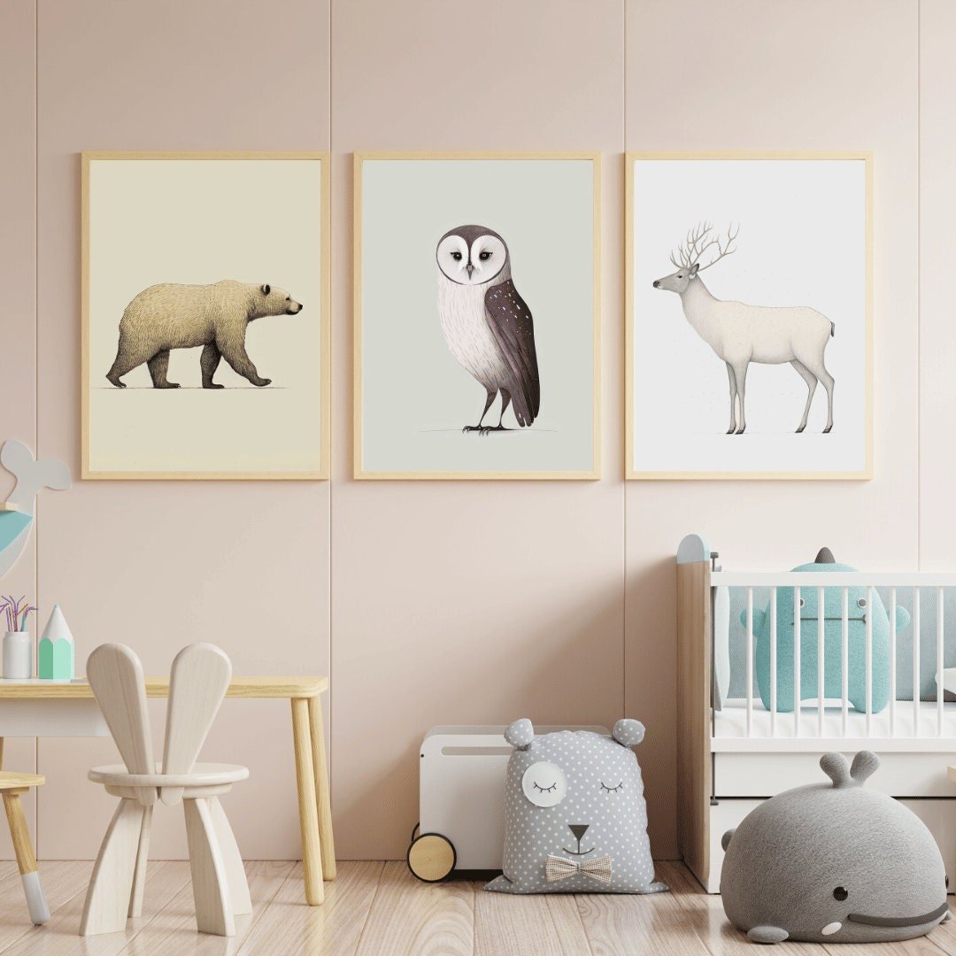 Minimalist Animal Nursery Art, Kids Room Forest Decor, Bear, Owl, Reindeer - WildfieldPrints