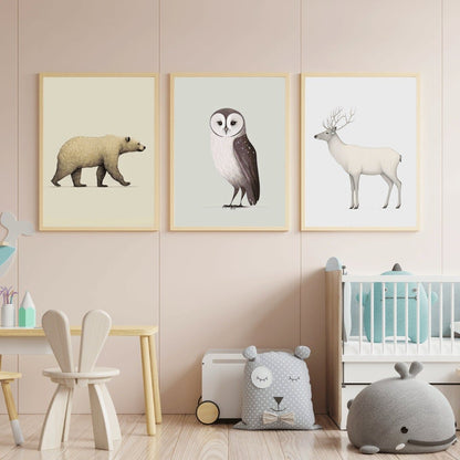 Minimalist Animal Nursery Art, Kids Room Forest Decor, Bear, Owl, Reindeer - WildfieldPrints