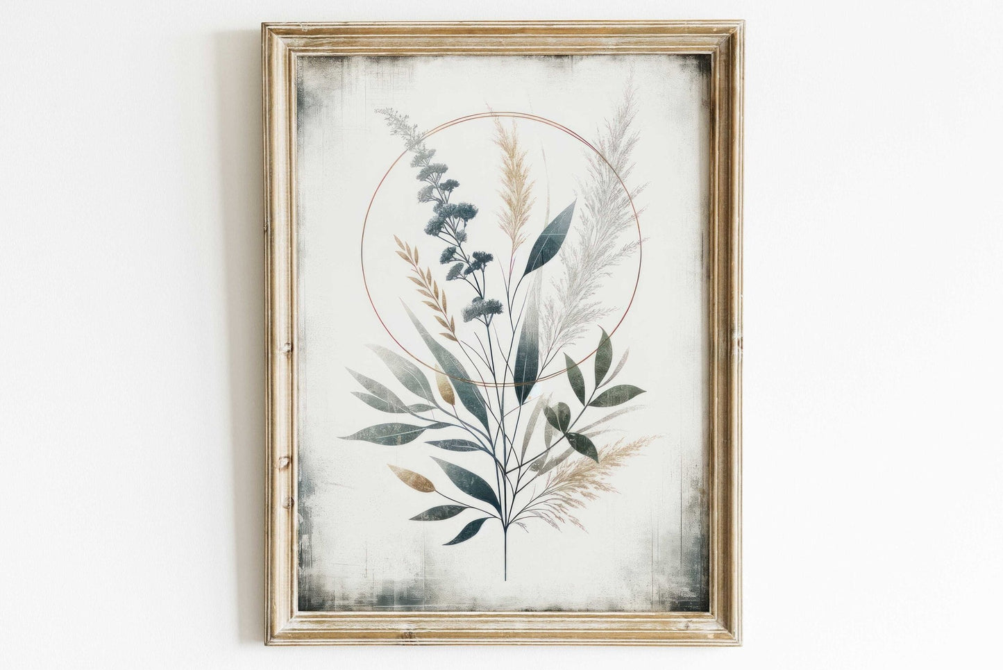 Minimalist Botanical Circle Art, Vintage Plant Painting, Elegant Wall Decor - WildfieldPrints