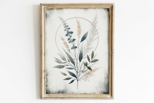 Minimalist Botanical Circle Art, Vintage Plant Painting, Elegant Wall Decor - WildfieldPrints