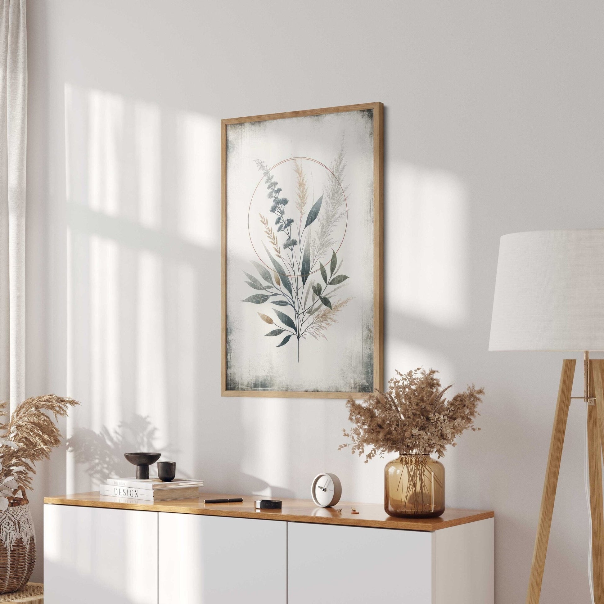 Minimalist Botanical Circle Art, Vintage Plant Painting, Elegant Wall Decor - WildfieldPrints