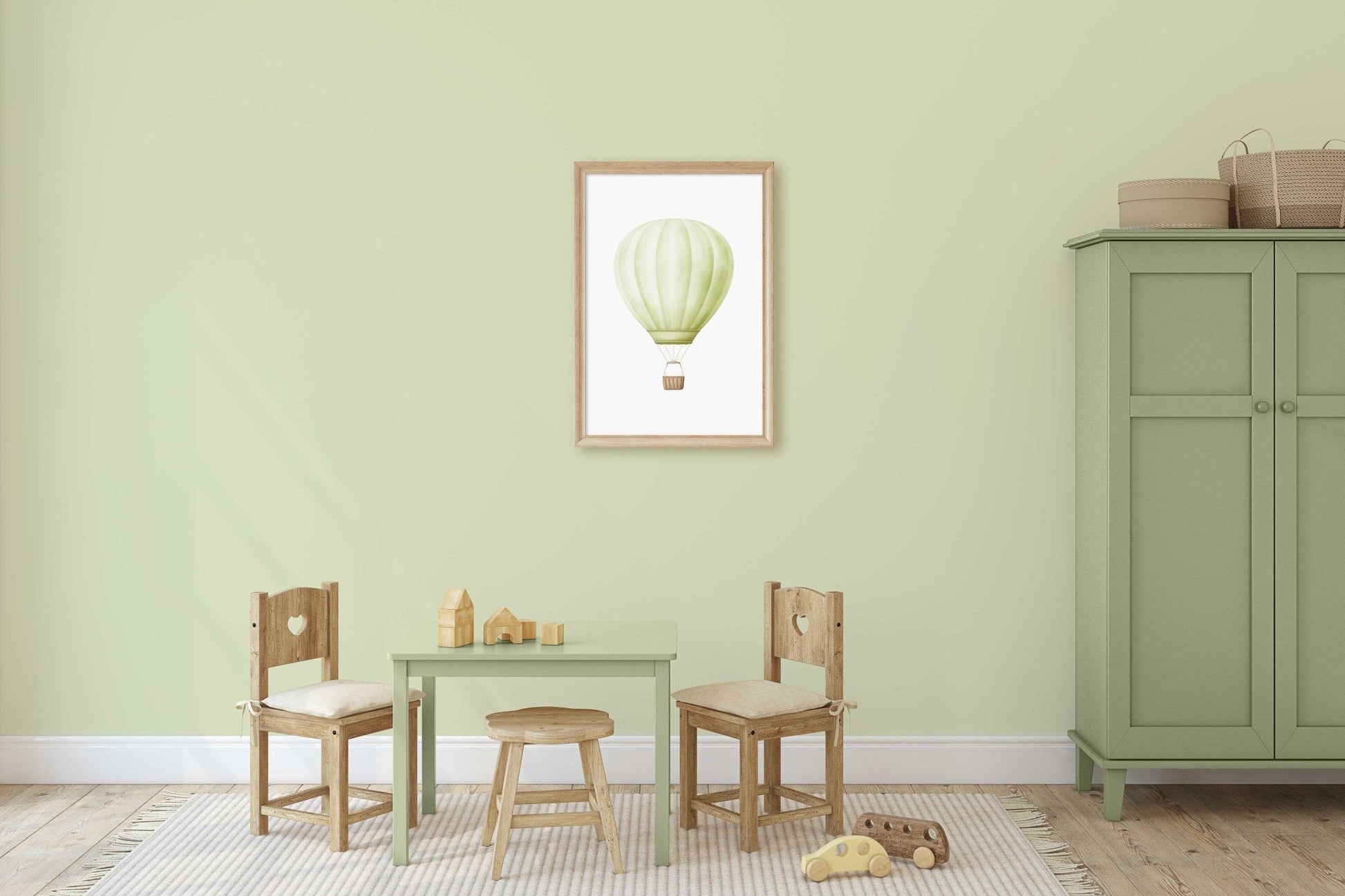 Mint Green Hot Air Balloon Print, Watercolor Nursery Decor, Vintage Wall Art - WildfieldPrints