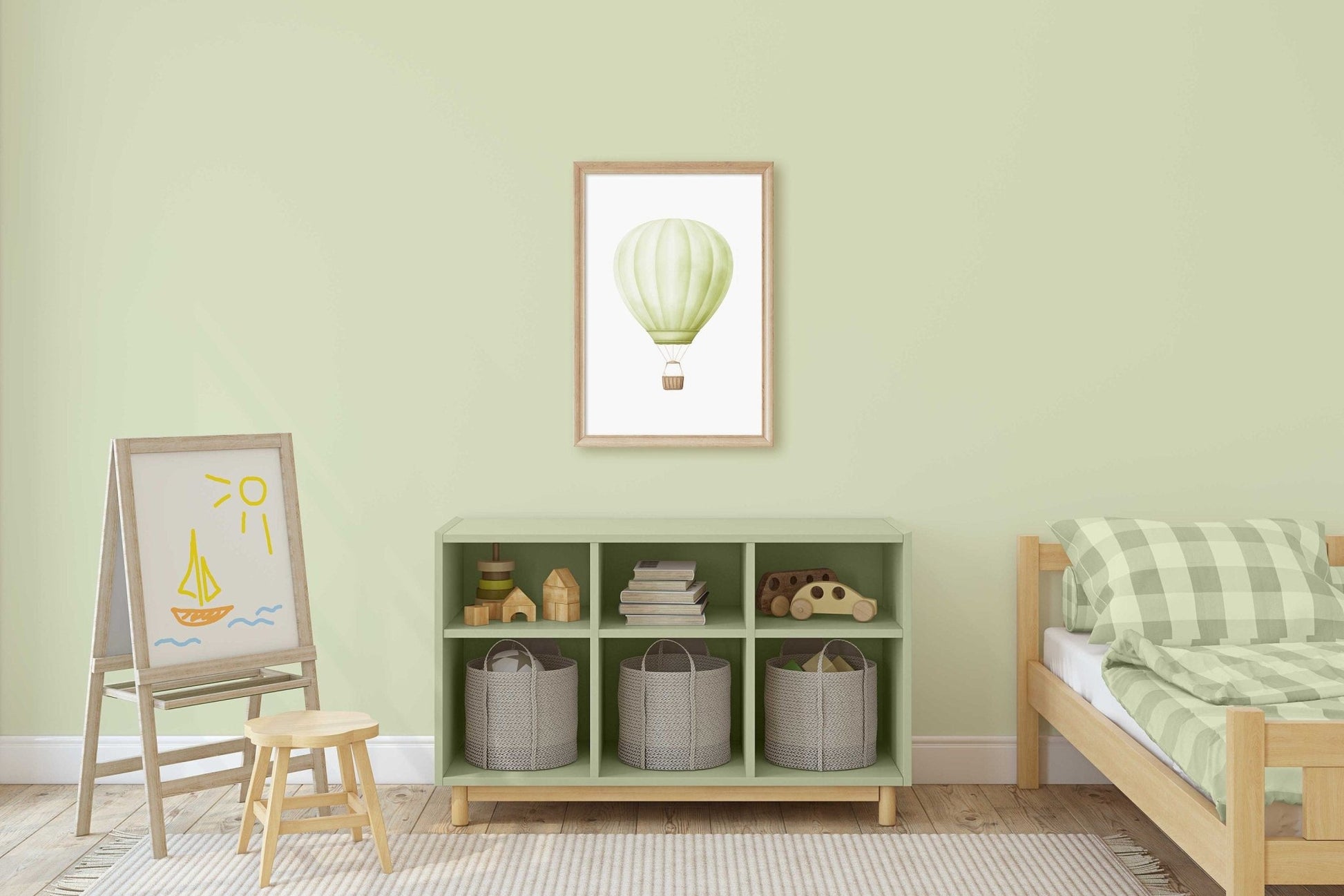 Mint Green Hot Air Balloon Print, Watercolor Nursery Decor, Vintage Wall Art - WildfieldPrints