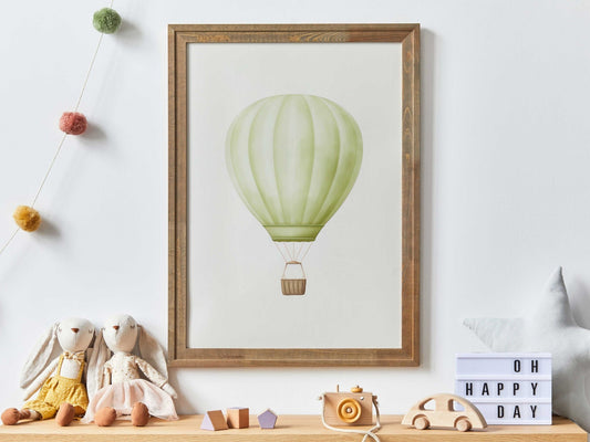 Mint Green Hot Air Balloon Print, Watercolor Nursery Decor, Vintage Wall Art - WildfieldPrints