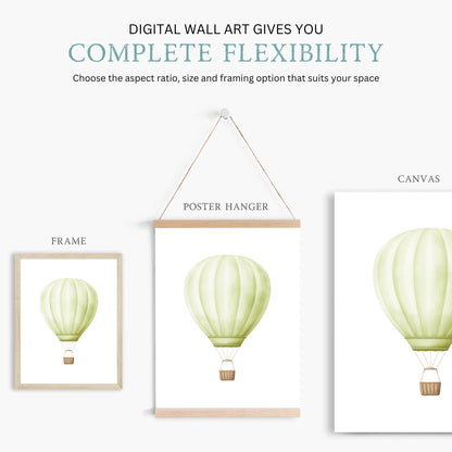 Mint Green Hot Air Balloon Print, Watercolor Nursery Decor, Vintage Wall Art - WildfieldPrints