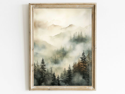 Misty Forest Print, Watercolor Landscape Decor, Nature Wall Art - WildfieldPrints