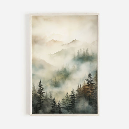 Misty Forest Print, Watercolor Landscape Decor, Nature Wall Art - WildfieldPrints