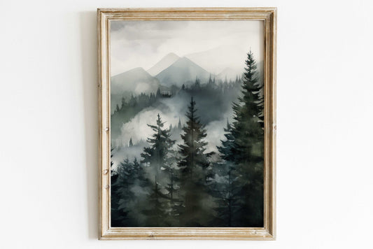 Misty Forest Print, Watercolor Landscape, Nature Wall Decor - WildfieldPrints