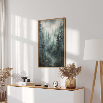 Misty Forest Print, Watercolor Landscape, Nature Wall Decor - WildfieldPrints