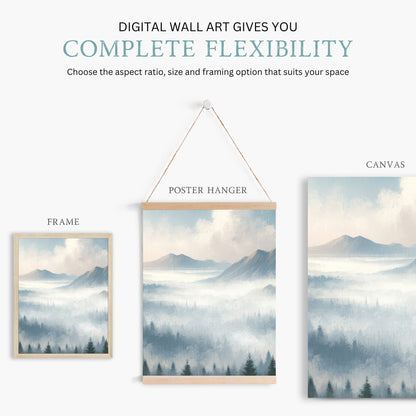 Misty Mountain Landscape Wall Art, Watercolor Bedroom Decor, Triptych - WildfieldPrints