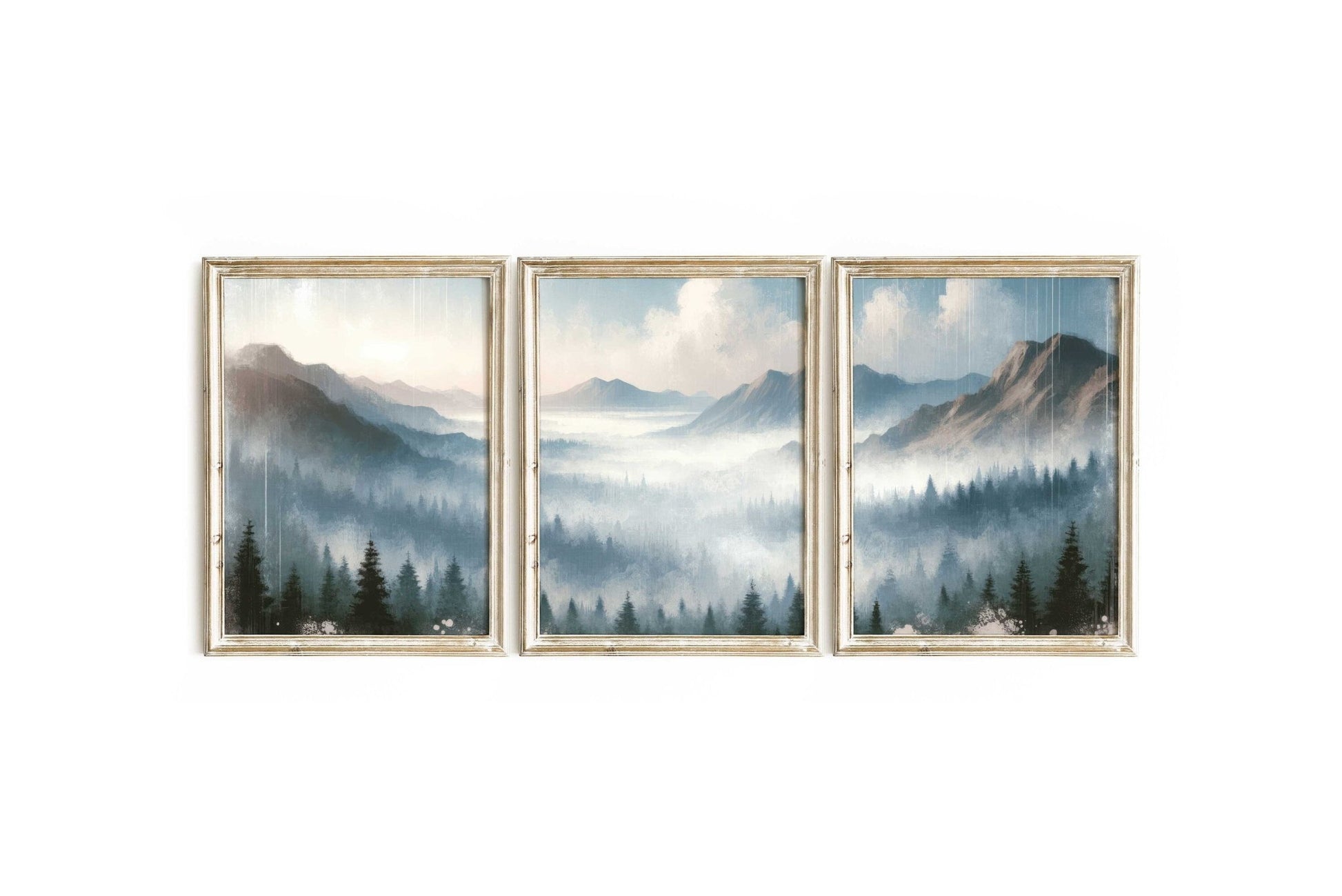 Misty Mountain Landscape Wall Art, Watercolor Bedroom Decor, Triptych - WildfieldPrints