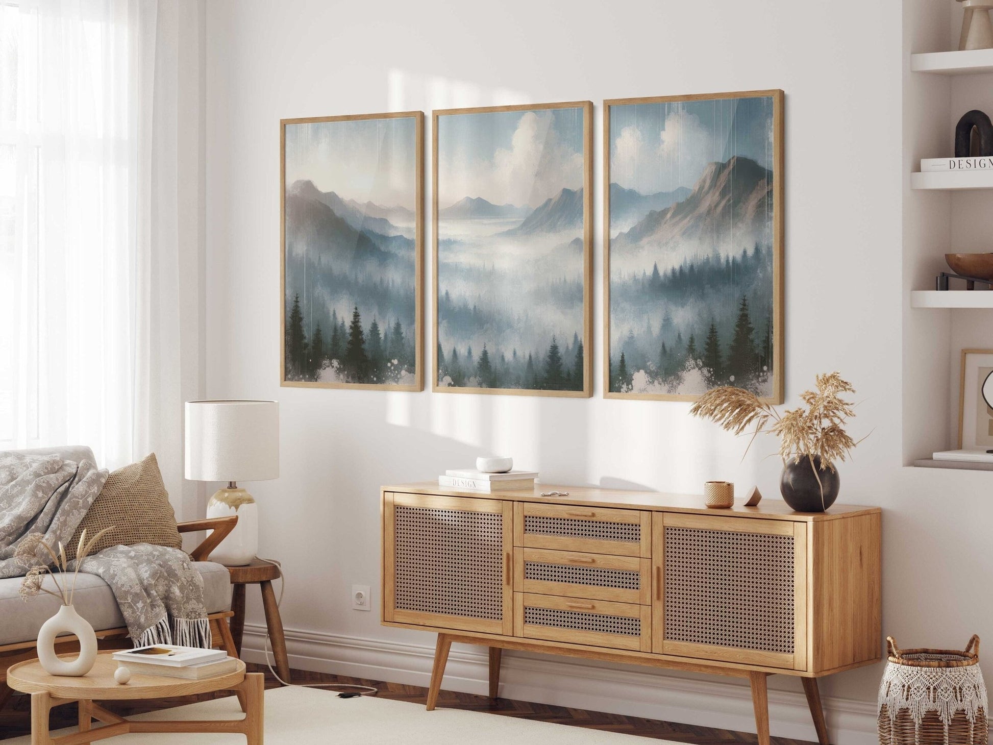Misty Mountain Landscape Wall Art, Watercolor Bedroom Decor, Triptych - WildfieldPrints