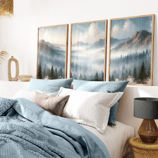 Misty Mountain Landscape Wall Art, Watercolor Bedroom Decor, Triptych - WildfieldPrints