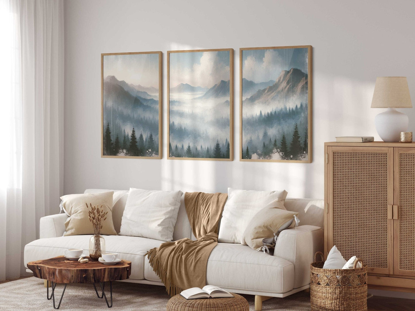 Misty Mountain Landscape Wall Art, Watercolor Bedroom Decor, Triptych - WildfieldPrints