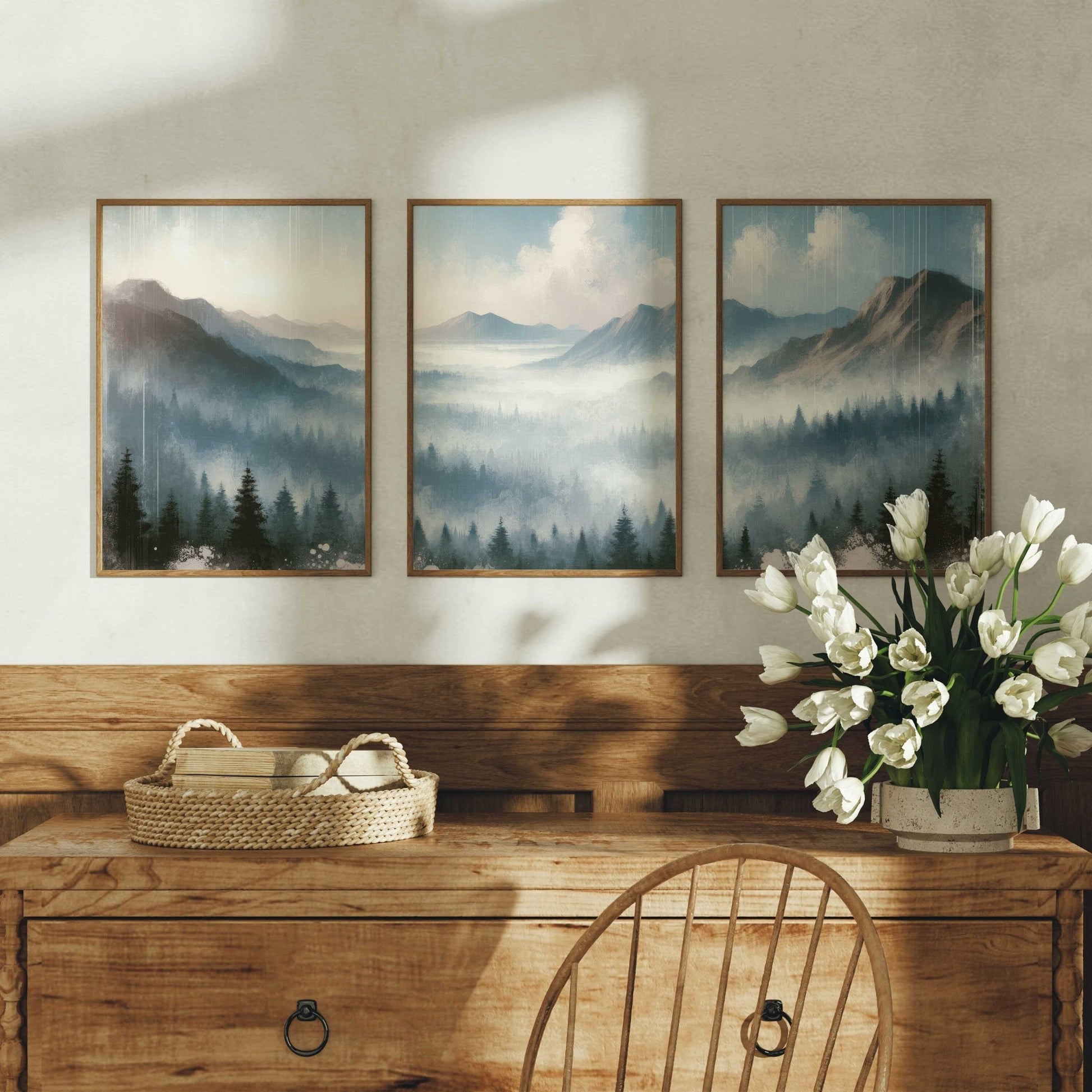 Misty Mountain Landscape Wall Art, Watercolor Bedroom Decor, Triptych - WildfieldPrints