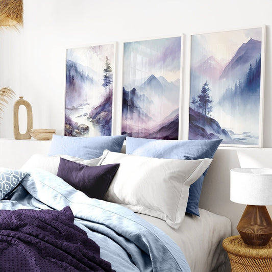 Misty Mountains Watercolor Landscape Prints, Nature Wall Decor, River Art - WildfieldPrints
