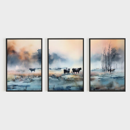 Misty Sunset Grazing Cows Watercolor, Farm Landscape Wall Decor - WildfieldPrints