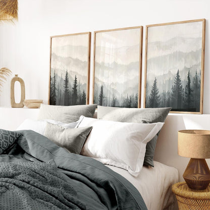 Monochrome Forest Triptych, Black & White Painting, Living Room Decor - WildfieldPrints