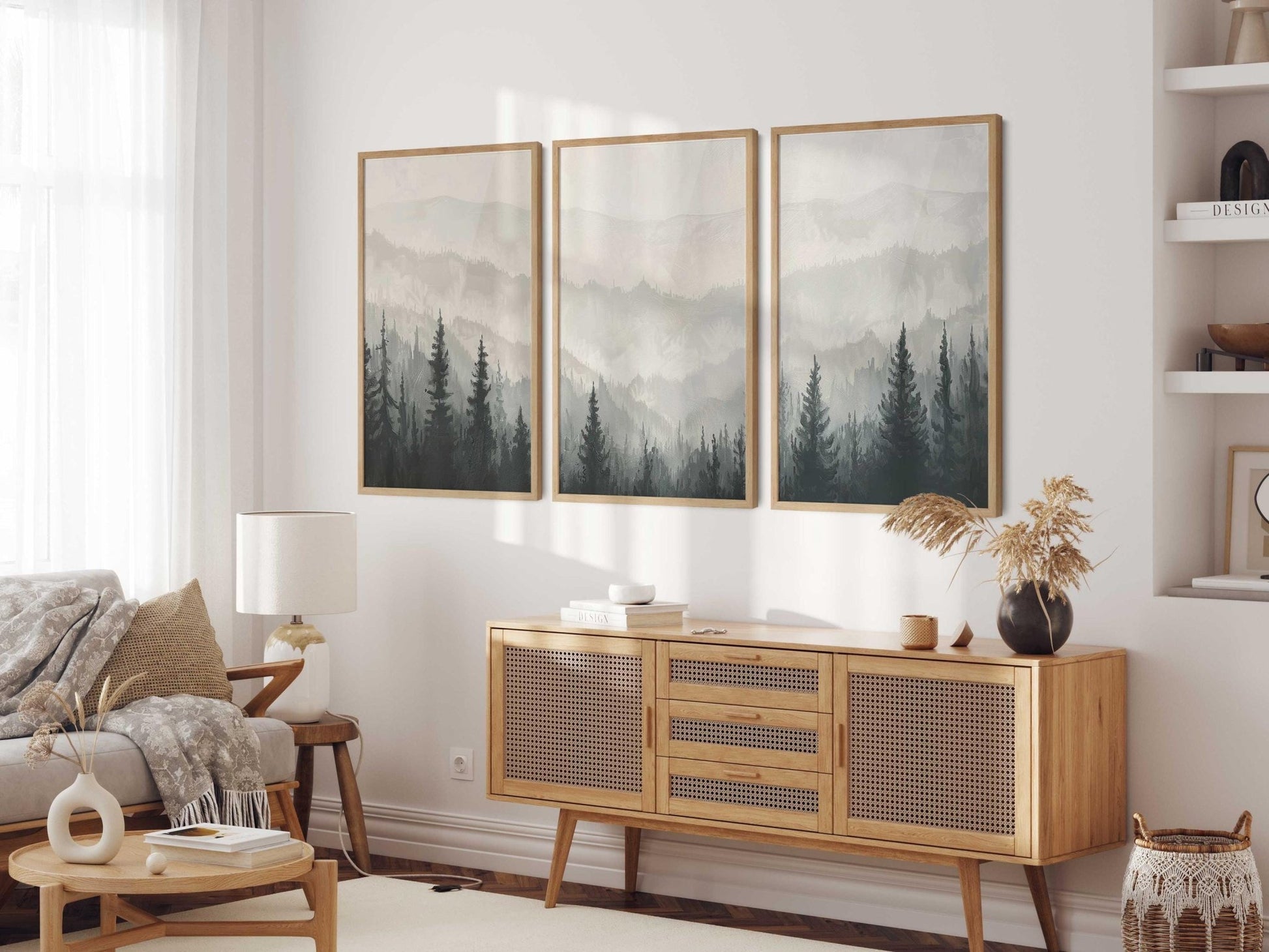 Monochrome Forest Triptych, Black & White Painting, Living Room Decor - WildfieldPrints