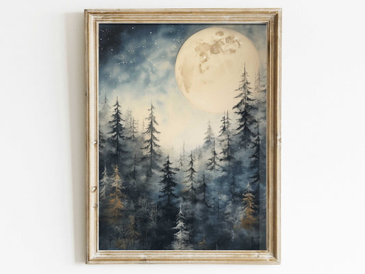 Moonlit Majesty: Vintage Watercolor Forest Wall Art - WildfieldPrints