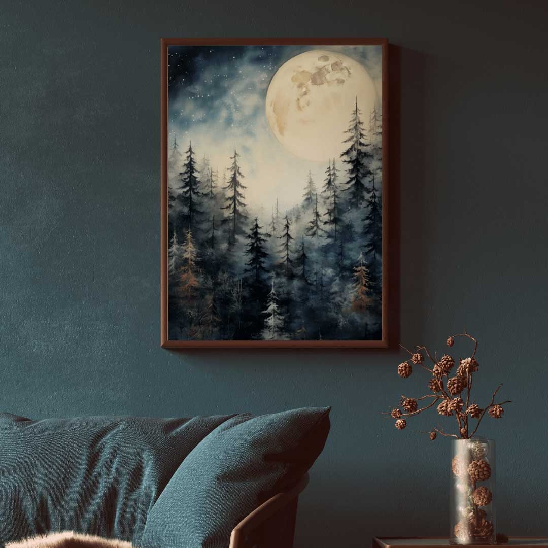 Moonlit Majesty: Vintage Watercolor Forest Wall Art - WildfieldPrints
