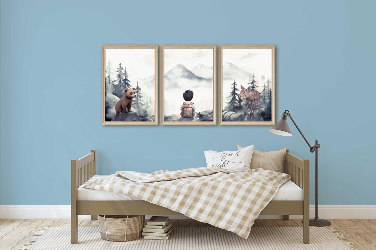Moose & Bear Wall Art – Woodland Boys Room Print • Set of 3