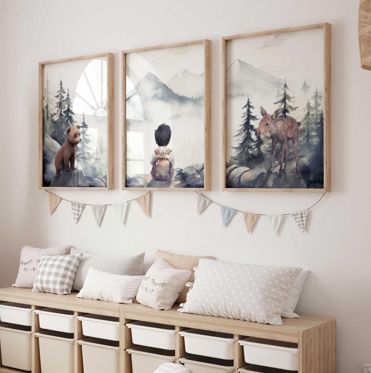 Moose & Bear Wall Art – Woodland Boys Room Print • Set of 3