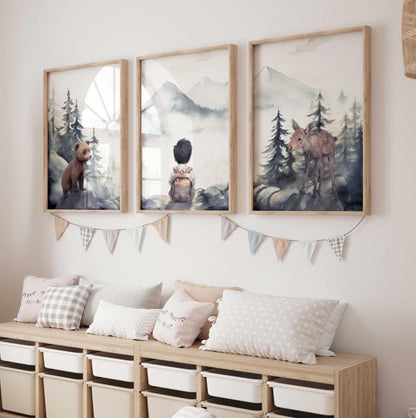 Moose & Bear Nursery Decor, Woodland Animal Prints, Boy's Room Art - WildfieldPrints