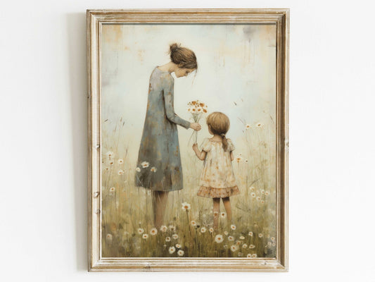 Mother and Daughter Art, Family Picture, Rustic Wildflower Decor - WildfieldPrints
