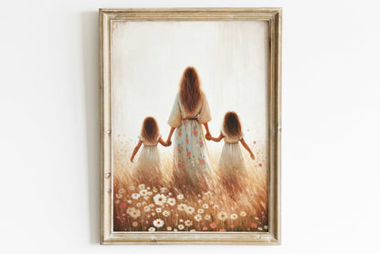 Mother and Daughters Wall Art, Twin Sister Decor, Family Painting - WildfieldPrints