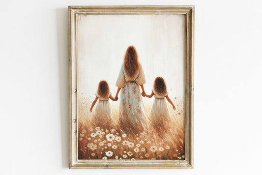 Mother and Daughters Wall Art, Twin Sister Decor, Family Painting - WildfieldPrints