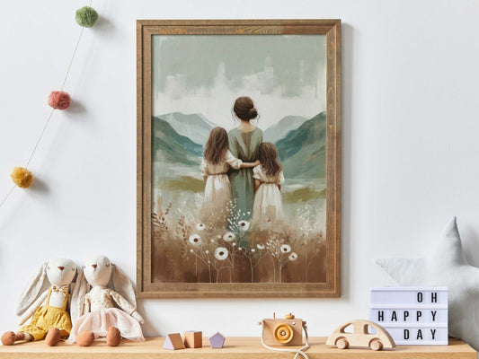 Mother and Kids Adventure Art, Family Wall Decor, Siblings Print - WildfieldPrints