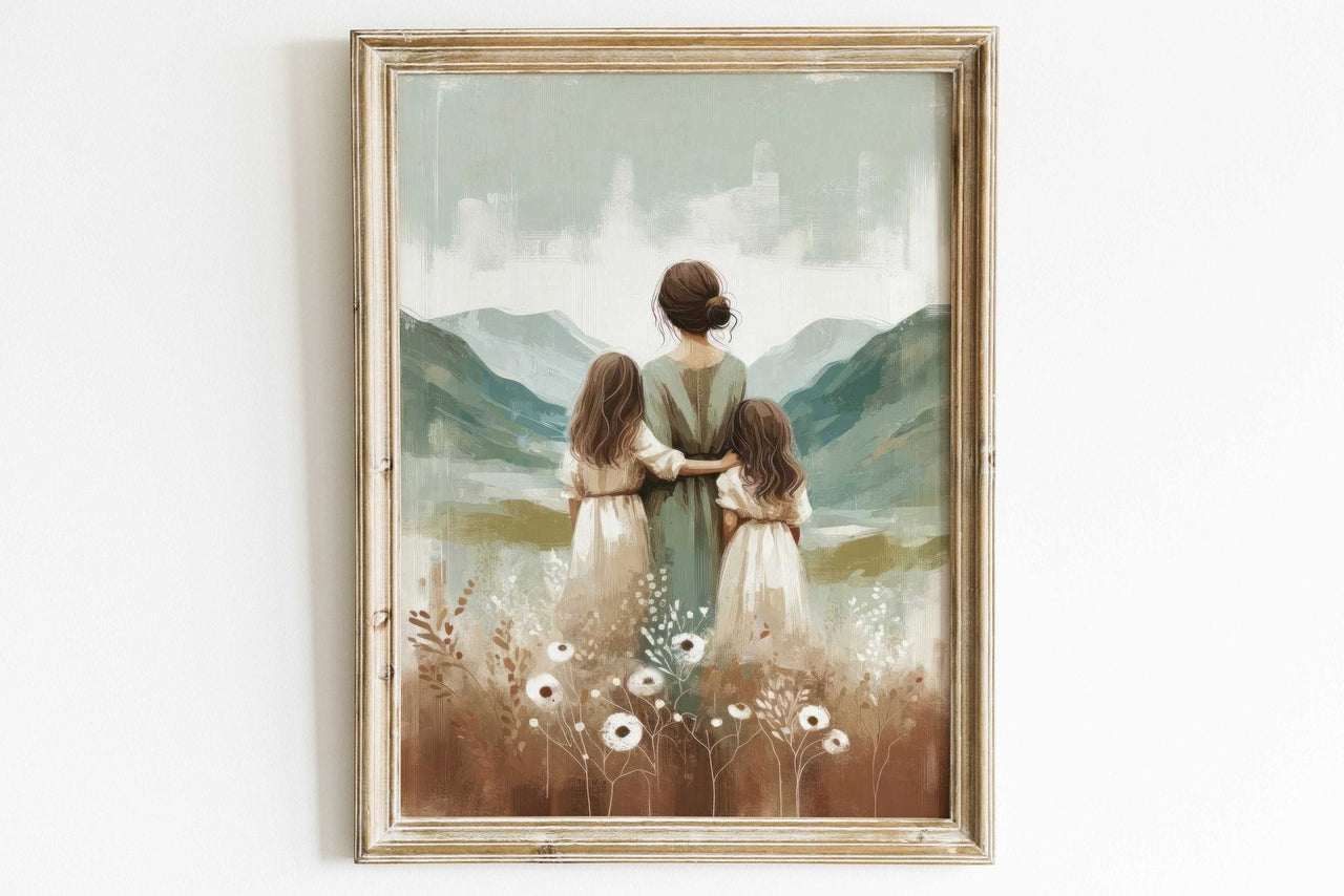Mother and Kids Adventure Print – Family Girls Room Wall Art