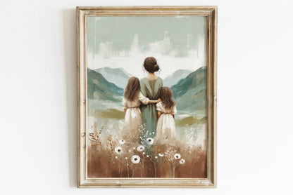 Mother and Kids Adventure Art, Family Wall Decor, Siblings Print - WildfieldPrints