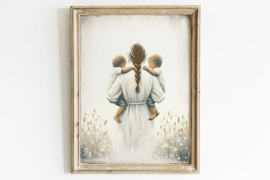 Mother and Sons Print, Twins Boys Wall Art, Family Love Decor - WildfieldPrints
