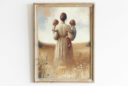 Mother & Daughters Wall Art, Twin Sister Decor, Family Love Print - WildfieldPrints