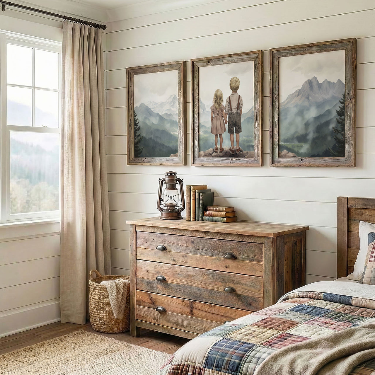 Mountain Adventure Siblings Wall Art – Kids Room Print • Set of 3