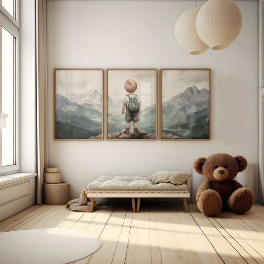 Mountain Adventure Wall Art – Nature Boys Room Print • Set of 3