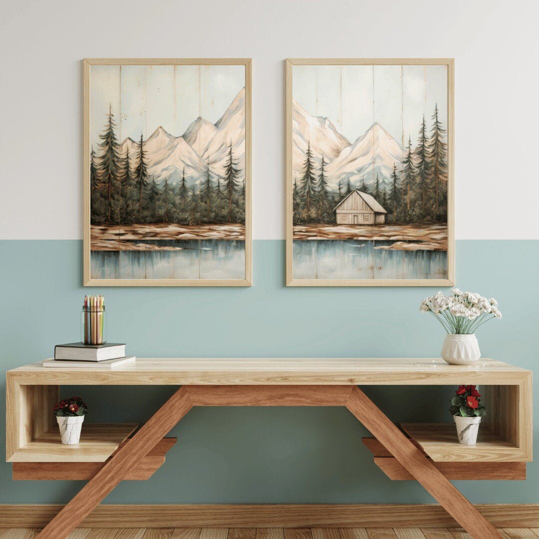 Mountain Forest Wall Art – Landscape Rustic Room Print • Set of 2