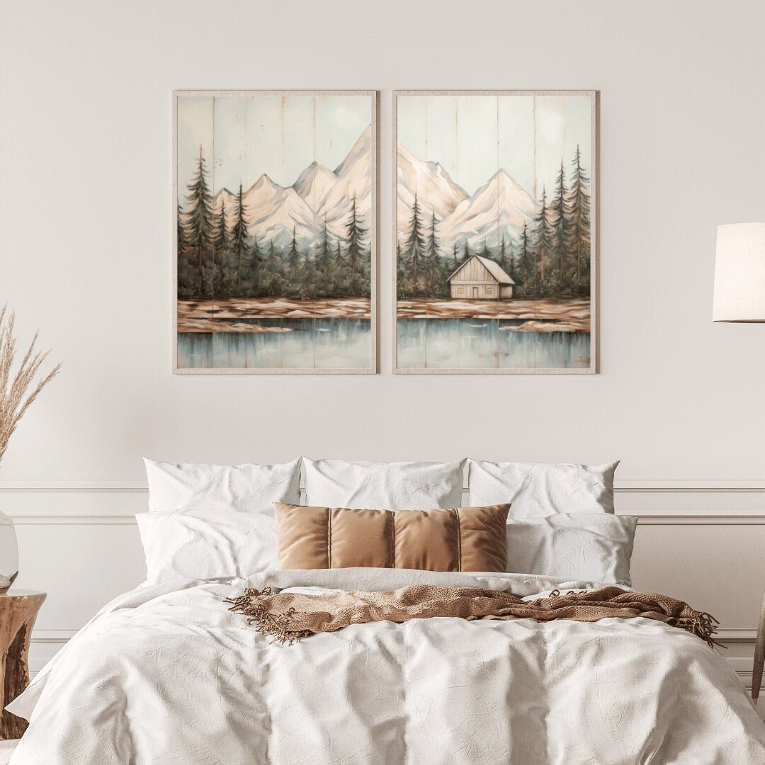 Mountain Forest Wall Art – Landscape Rustic Room Print • Set of 2