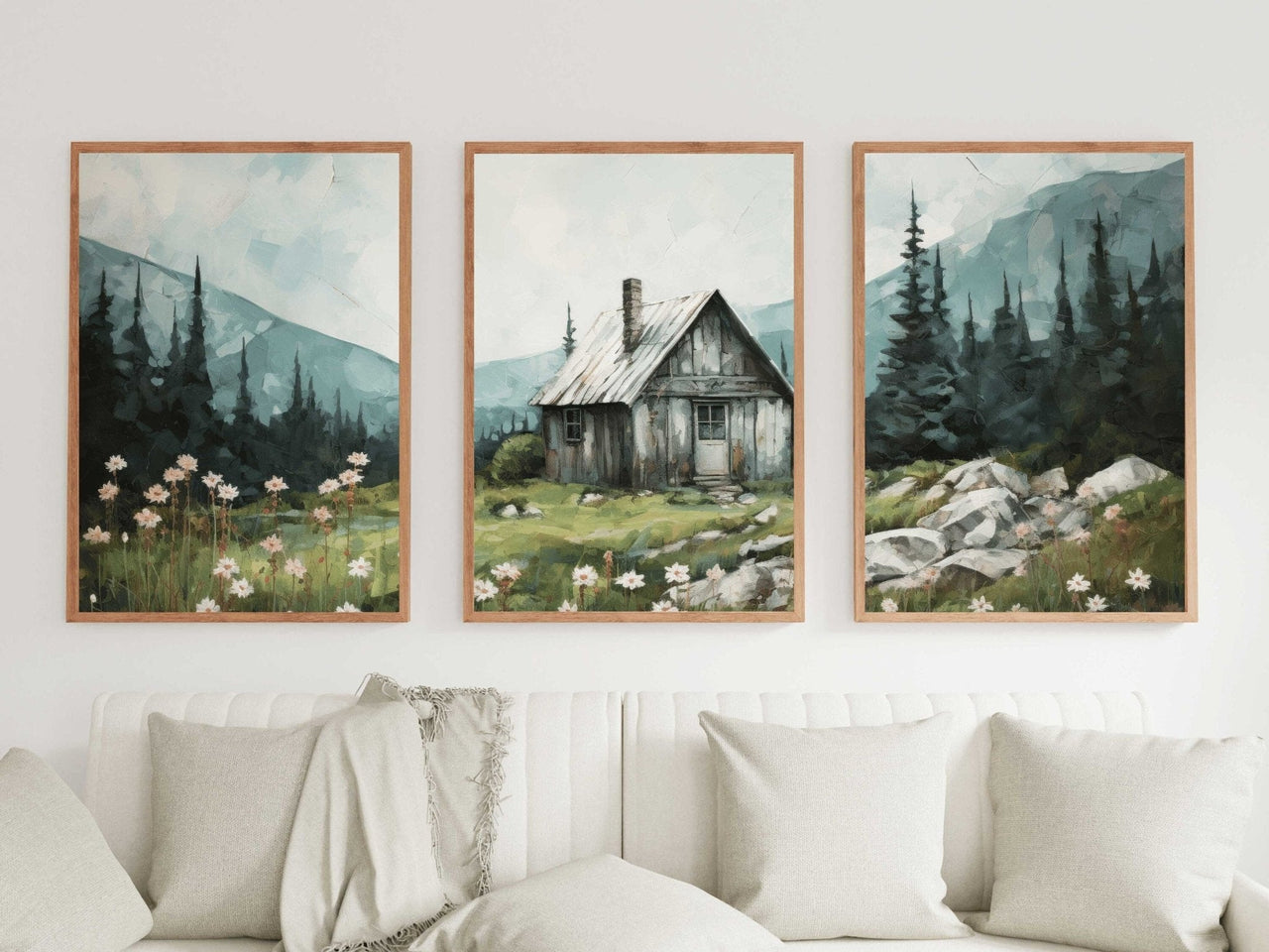 Mountain Cabin Wall Art – Landscape Living Room Print • Set of 3