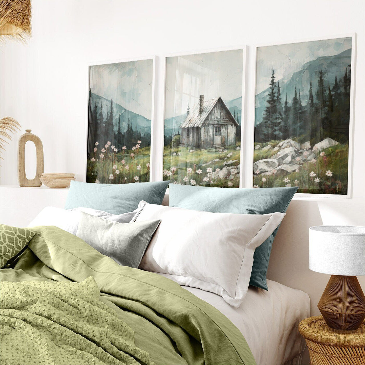 Mountain Cabin Wall Art – Landscape Living Room Print • Set of 3