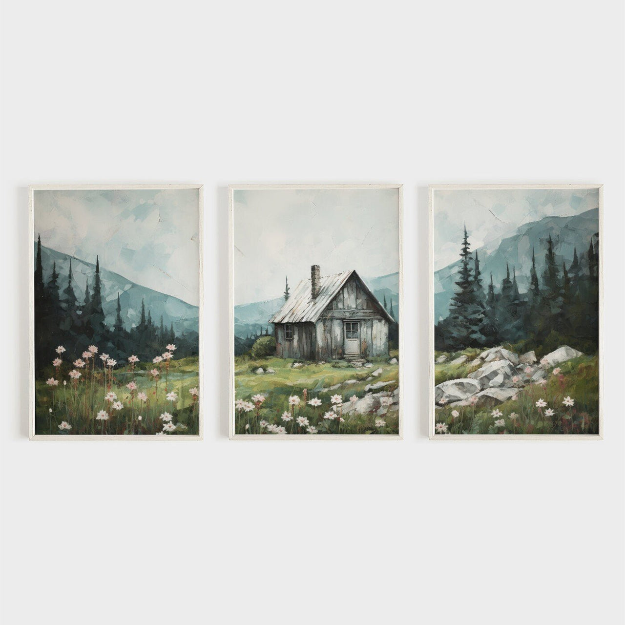 Mountain Cabin Wall Art – Landscape Living Room Print • Set of 3