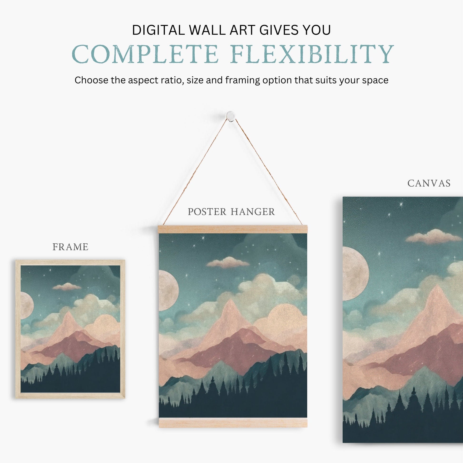 Mountain & Forest Wall Art, Teal and Pink Kids Room Decor, Boho Design - WildfieldPrints