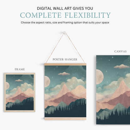 Mountain & Forest Wall Art, Teal and Pink Kids Room Decor, Boho Design - WildfieldPrints