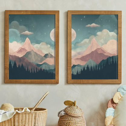 Mountain & Forest Wall Art, Teal and Pink Kids Room Decor, Boho Design - WildfieldPrints